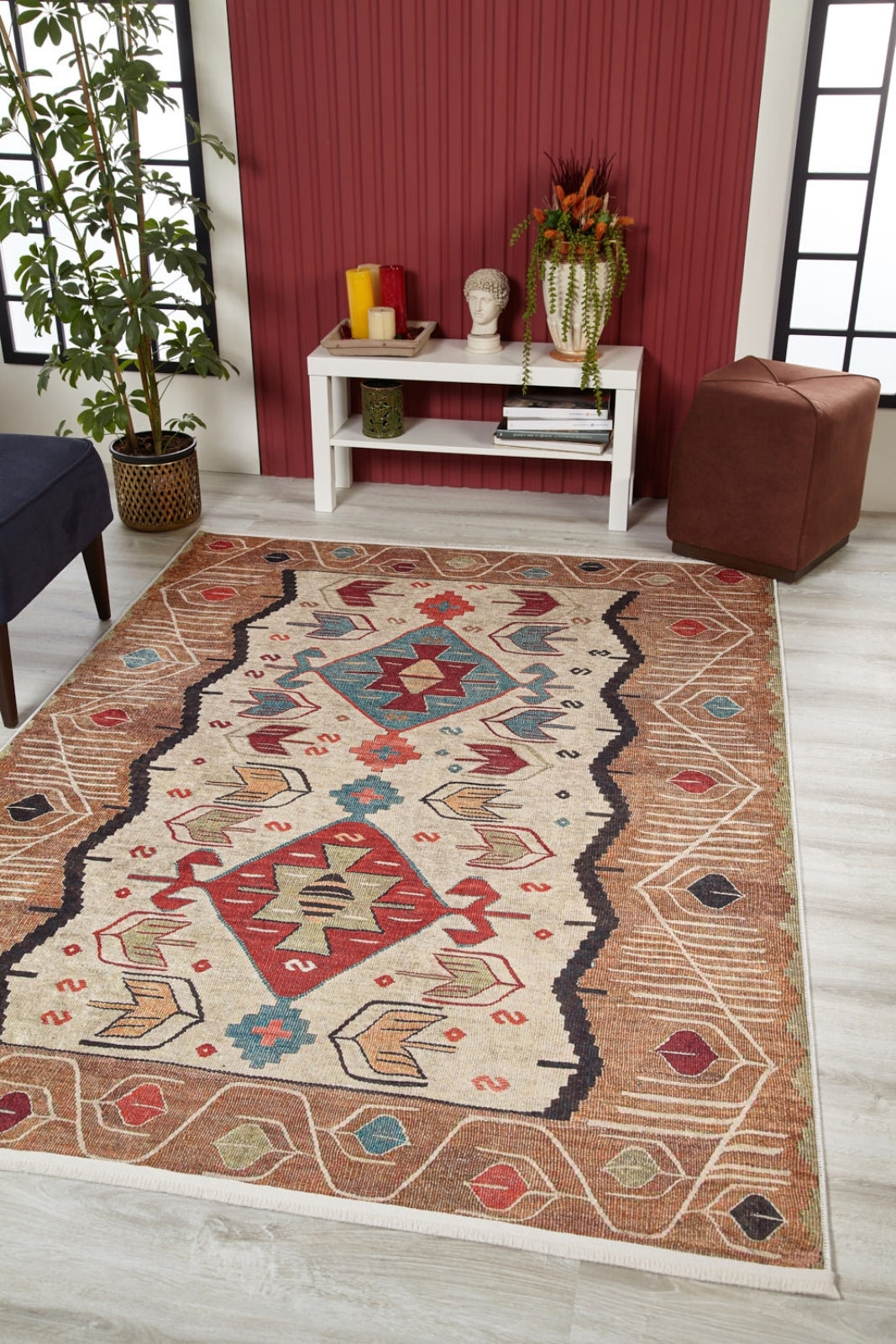 Cream Geometric Area Rug – Digital Print, Non Slip, Antibacterial Carpet