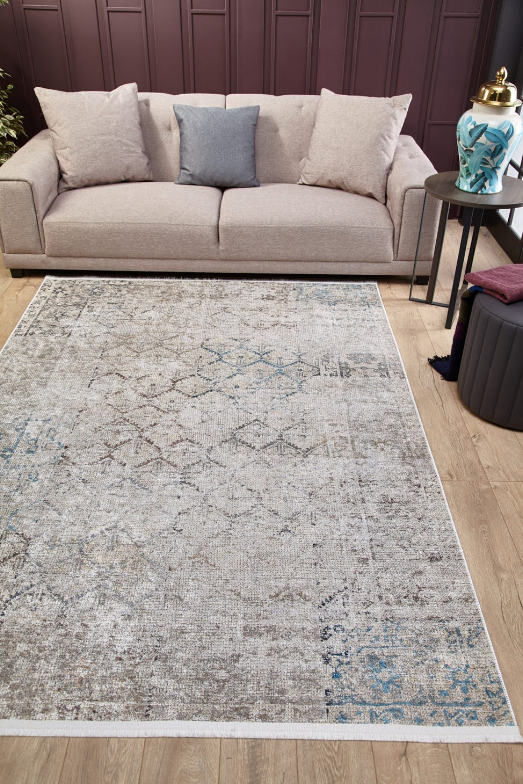 Vintage Area Rug | Beige Digital Print Non Slip Carpet - Washable Living Room Mat