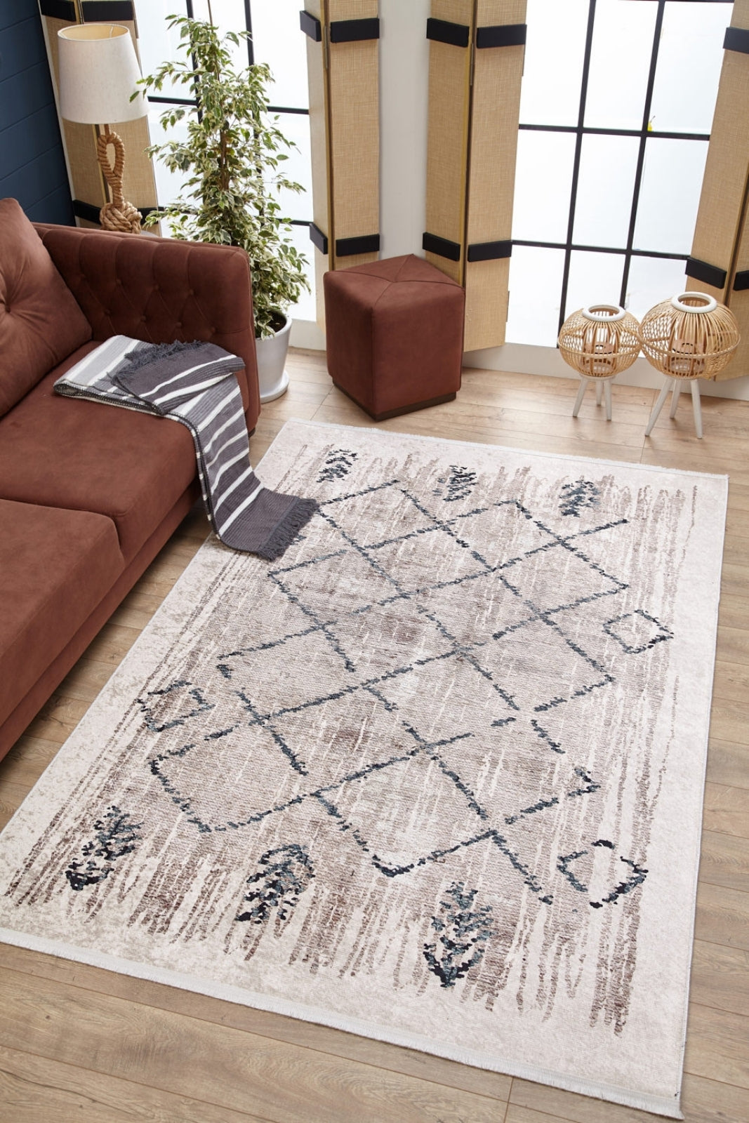 Beige Geometric Area Rug – Digital Print Carpet | Antibacterial, Non Slip, Washable