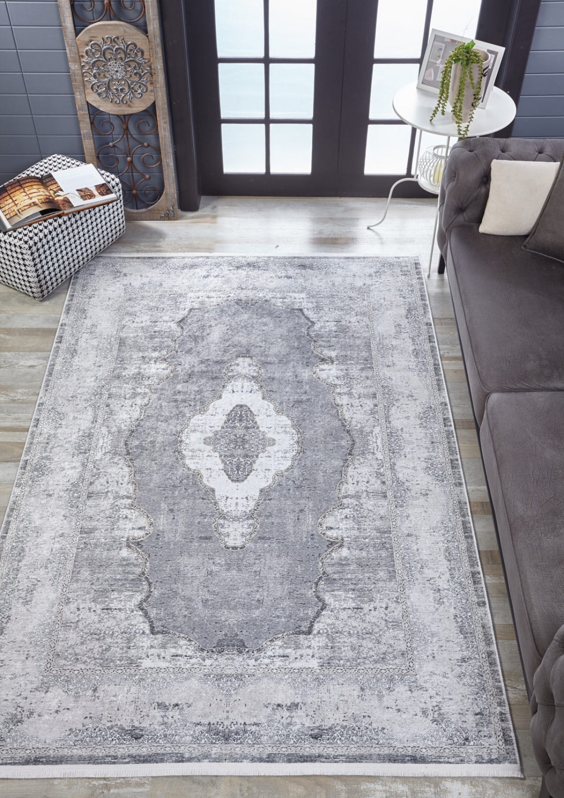 Grey Area Rug - Classic Digital Print Non Slip Antibacterial Carpet for Living Room