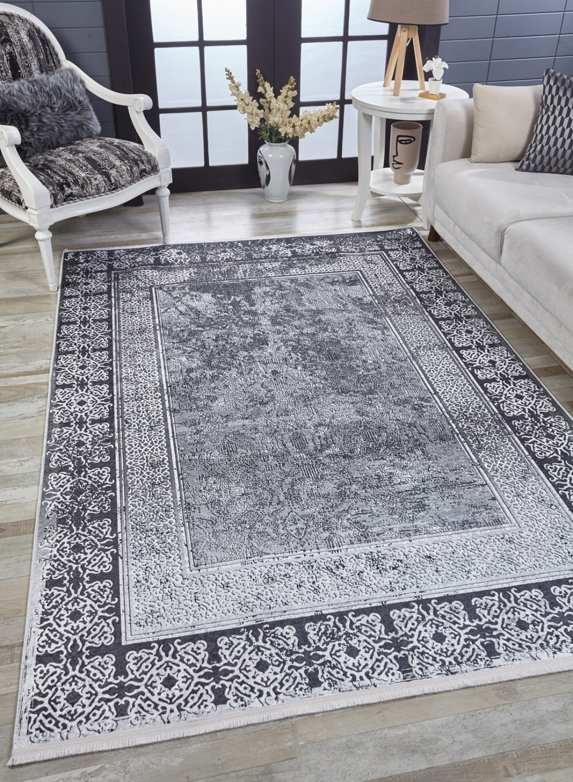 Grey Frame Area Rug – Modern Digital Print Rug | Non Slip Carpet, Antibacterial
