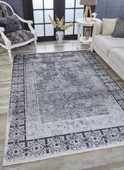 Grey Frame Area Rug – Modern Digital Print Rug | Non Slip Carpet, Antibacterial