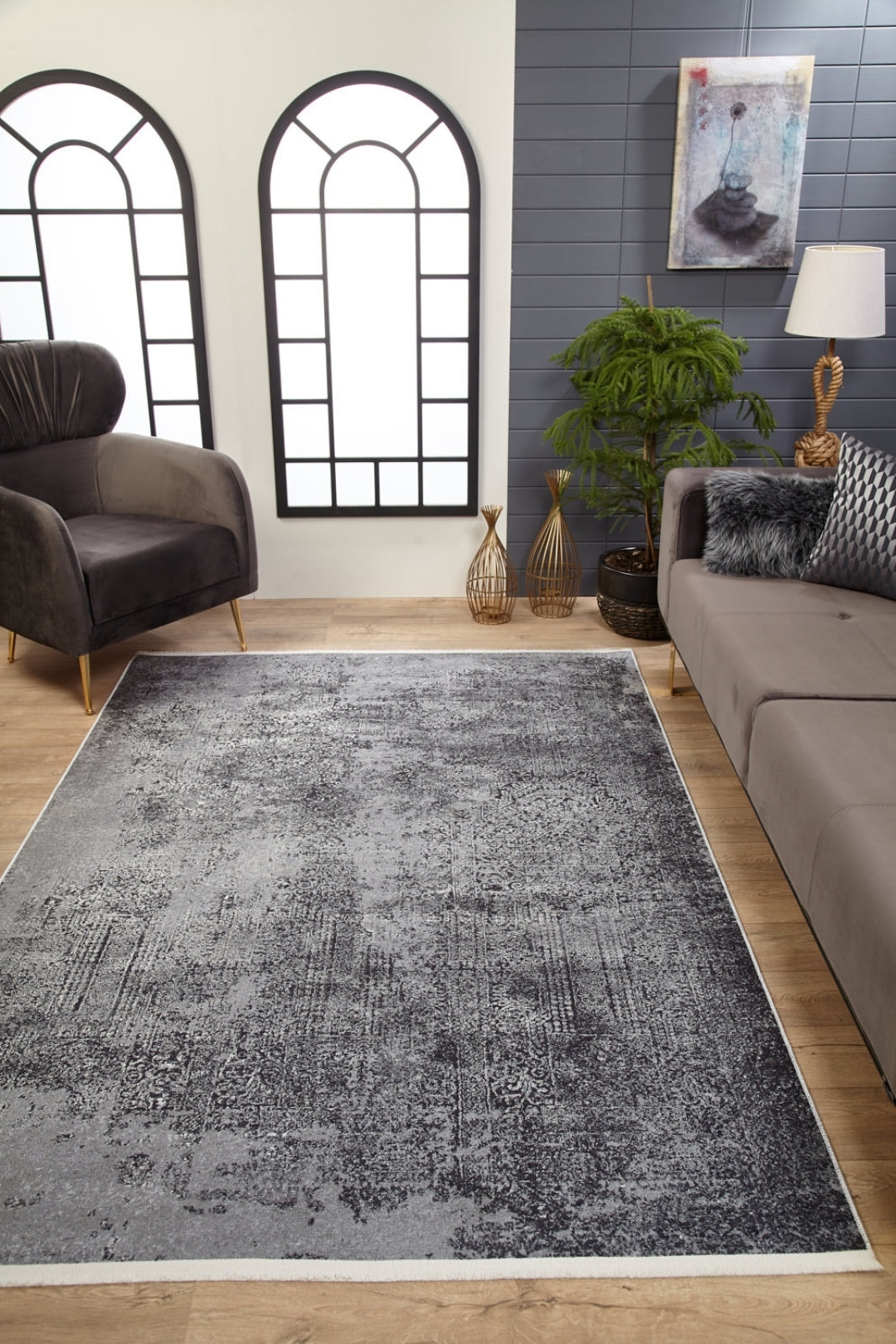 Modern Area Rug - Grey Digital Print Carpet | Non Slip, Antibacterial, Washable Floor Mat