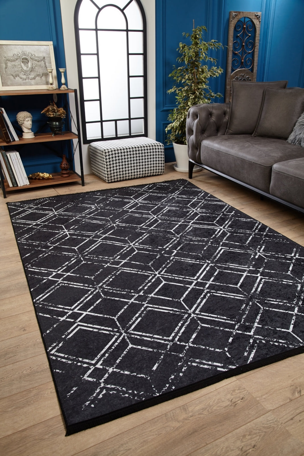 Black Geometric Area Rug – Digital Print, Non Slip, Antibacterial Carpet