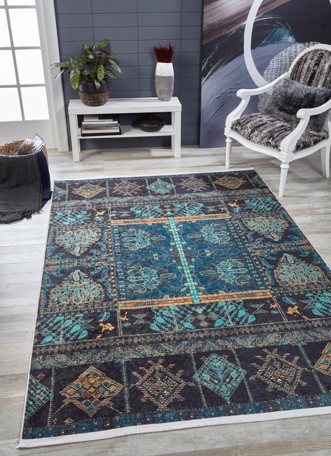 Modern Area Rug – Blue Digital Print Rug with Non Slip Backing & Antibacterial Carpet