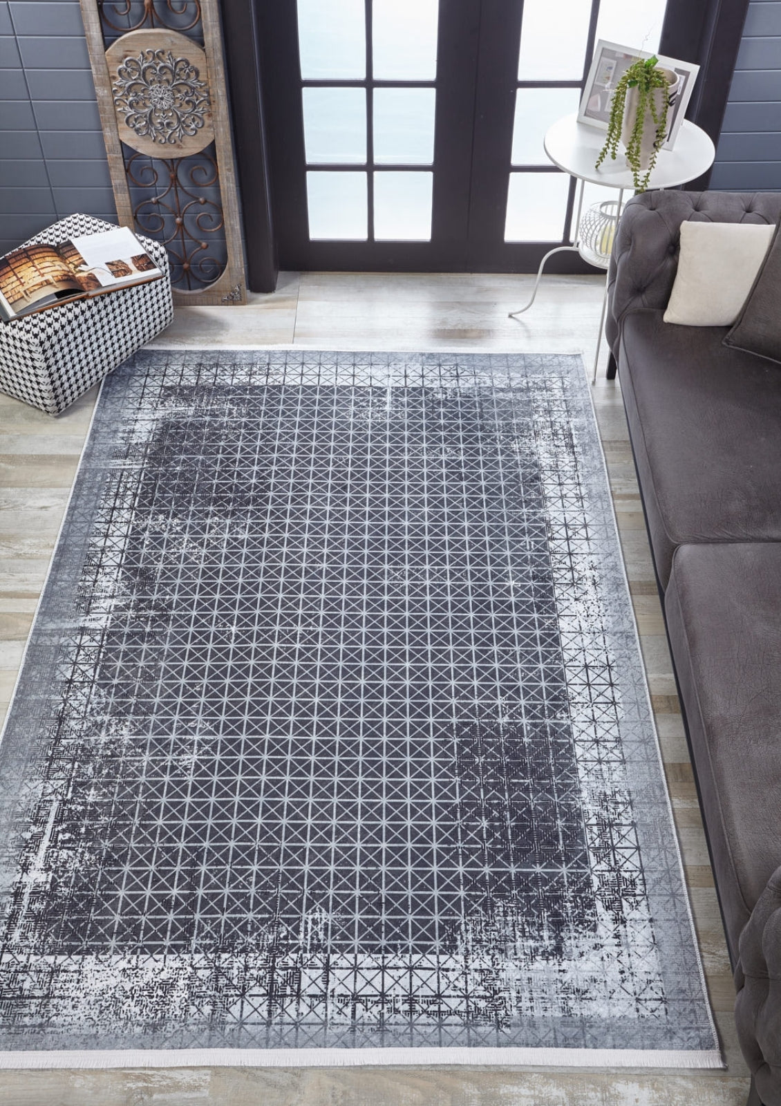 Grey Area Rug - Digital Print Rug With Non Slip Carpet & Antibacterial Frame Design