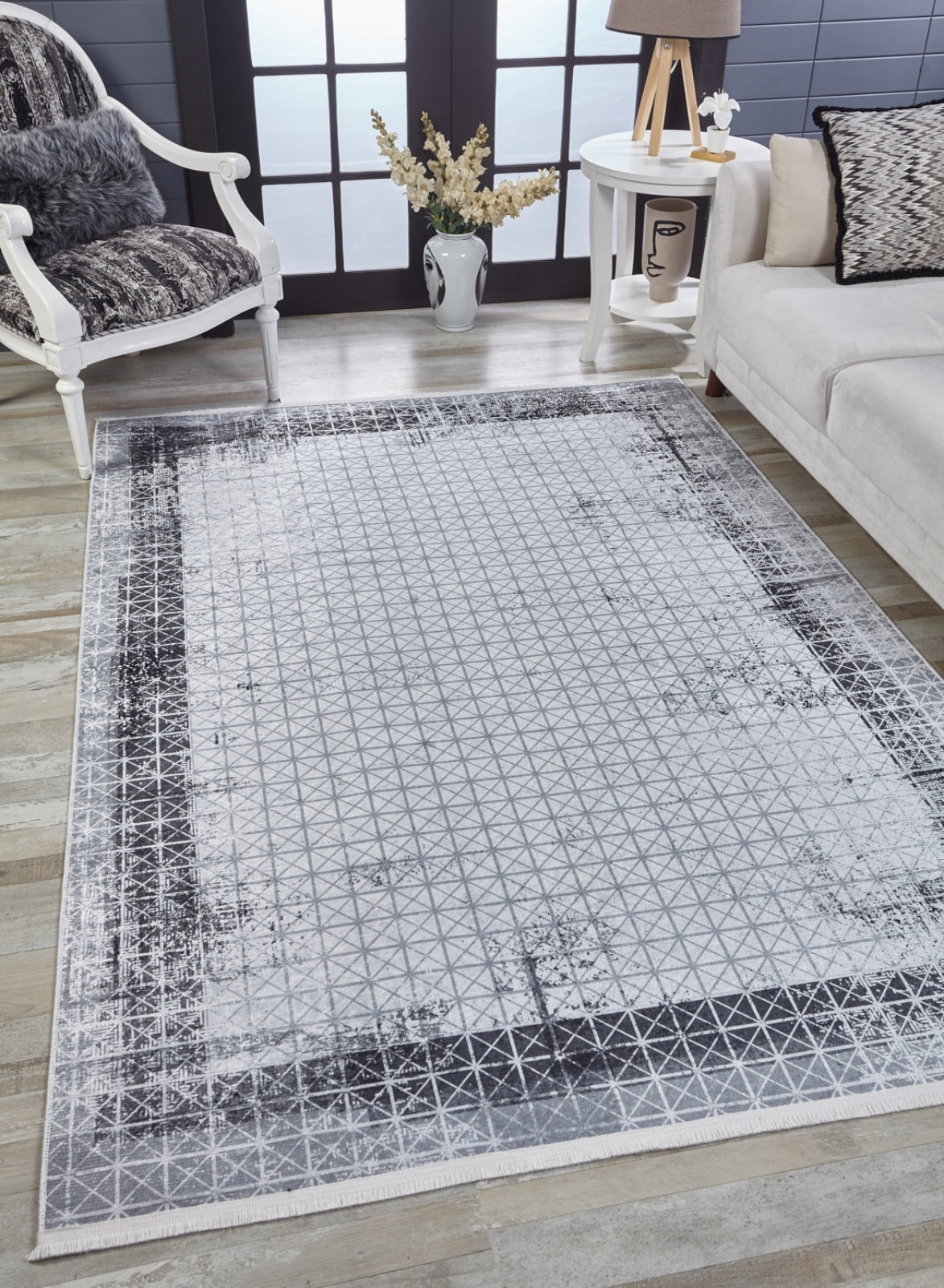 Grey Area Rug – Digital Print Frame Style Rug | Non Slip Carpet, Washable