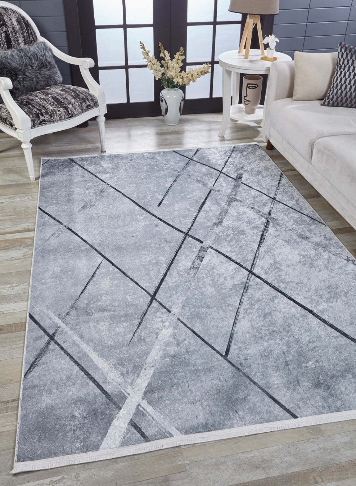 Grey Striped Area Rug - Digital Print Carpet, Non Slip, Antibacterial Floor Mat