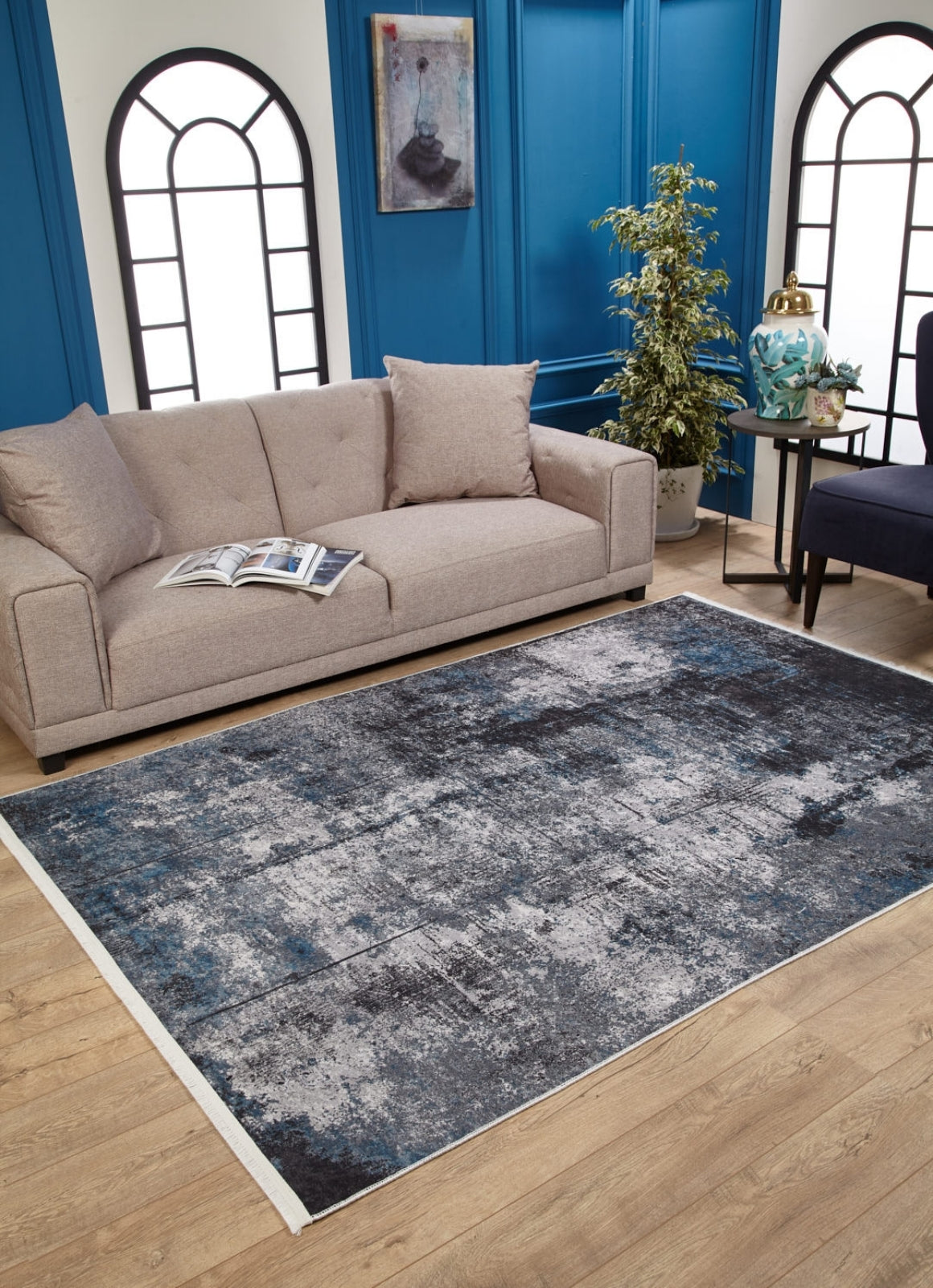 Modern Digital Area Rug - Blue Washable Non Slip Carpet by Hal?net Rugs