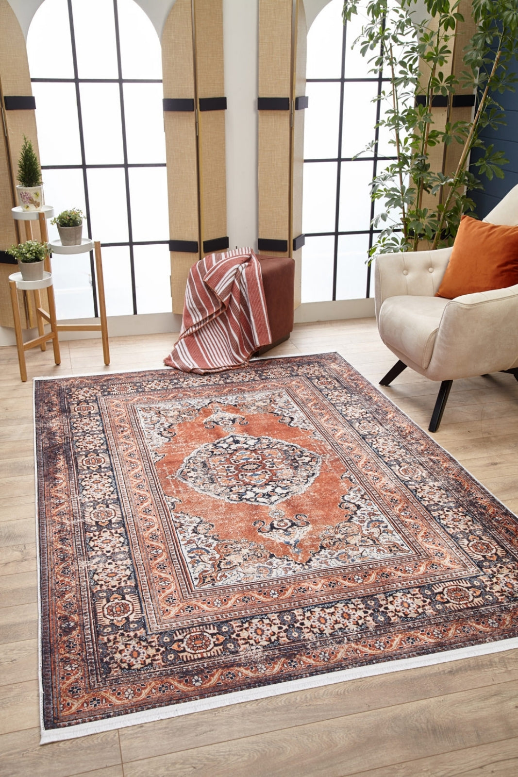 Classic Area Rug – Digital Print Brown Frame Non Slip Antibacterial Carpet