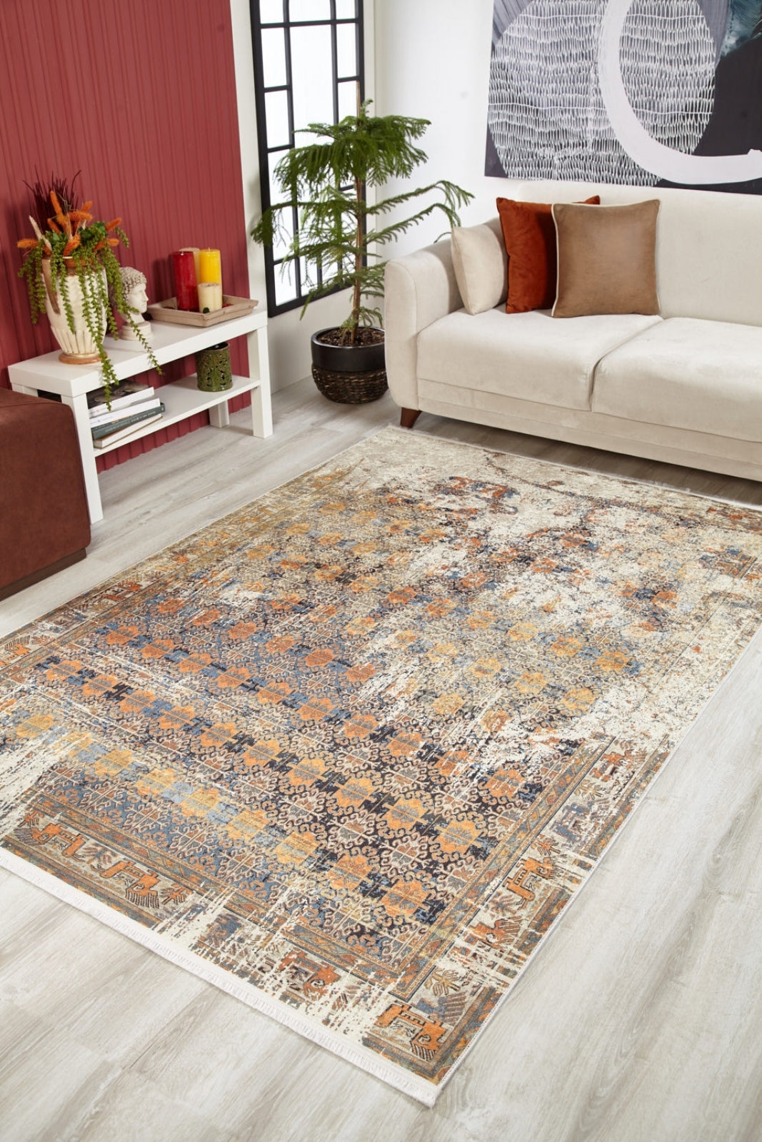 Vintage Area Rug – Beige Digital Print Carpet | Antibacterial, Non Slip, Washable