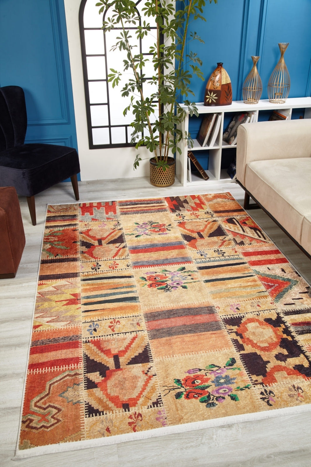 Orange Patchwork Rug - Digital Print Area Rug | Non Slip, Antibacterial Carpet