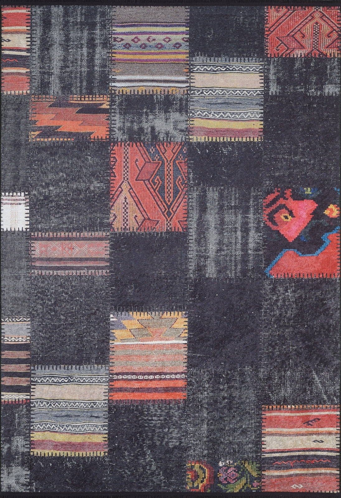 Black Patchwork Area Rug | High Quality Digital Printed Carpet, Anti Allergenic Rug