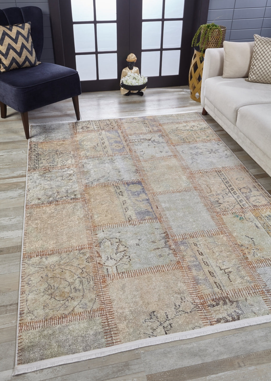Cream Patchwork Rug - Digital Print Area Carpet Non Slip Antibacterial