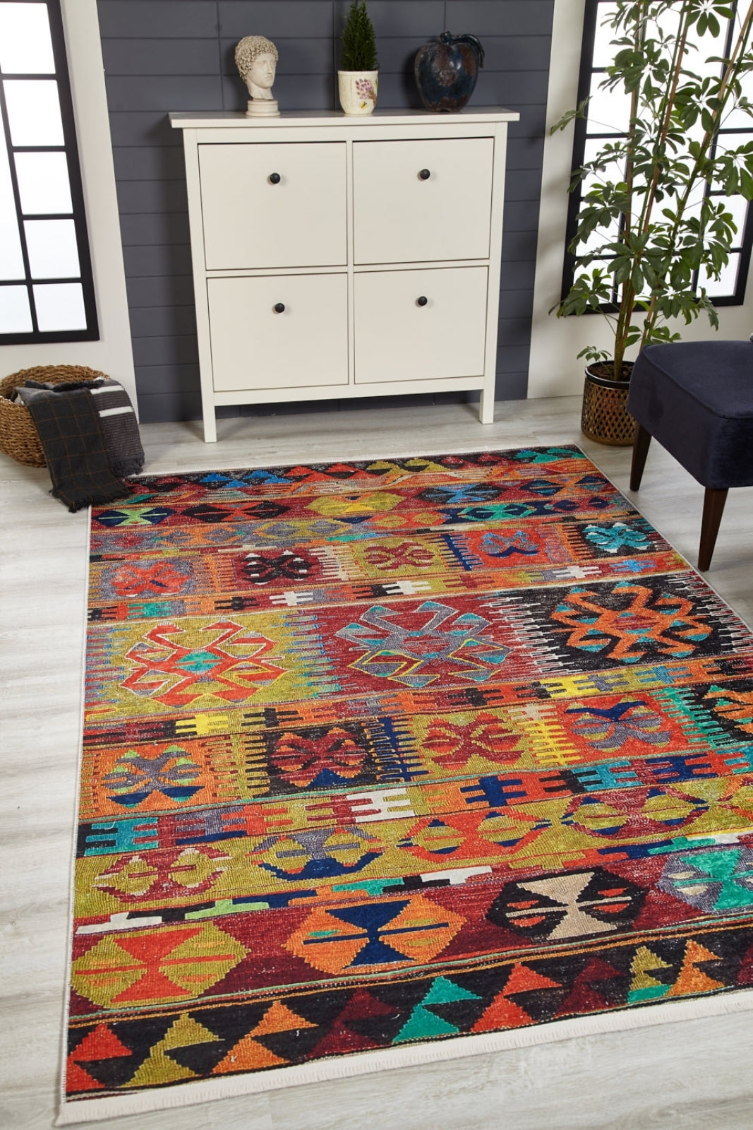 Orange Patchwork Rug - Digital Print Area Carpet, Non Slip & Antibacterial