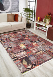 Burgundy Patchwork Rug – Stylish Digital Print Area Rug, Non-Slip & Washable