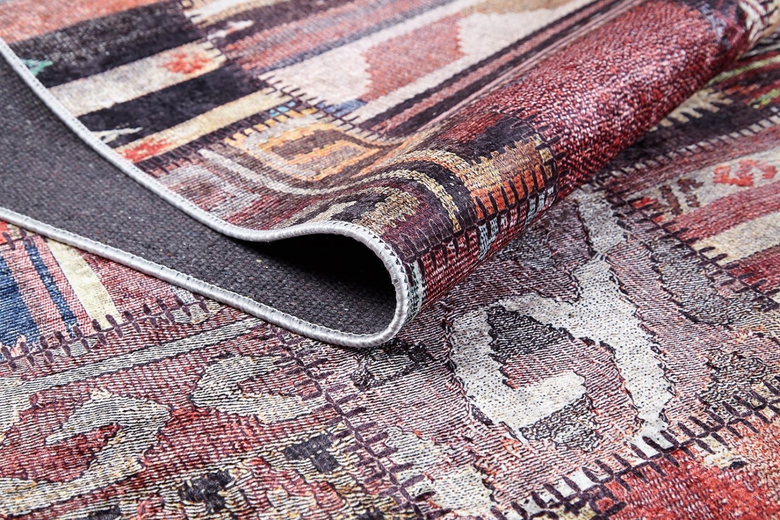 Burgundy Patchwork Rug – Stylish Digital Print Area Rug, Non-Slip & Washable