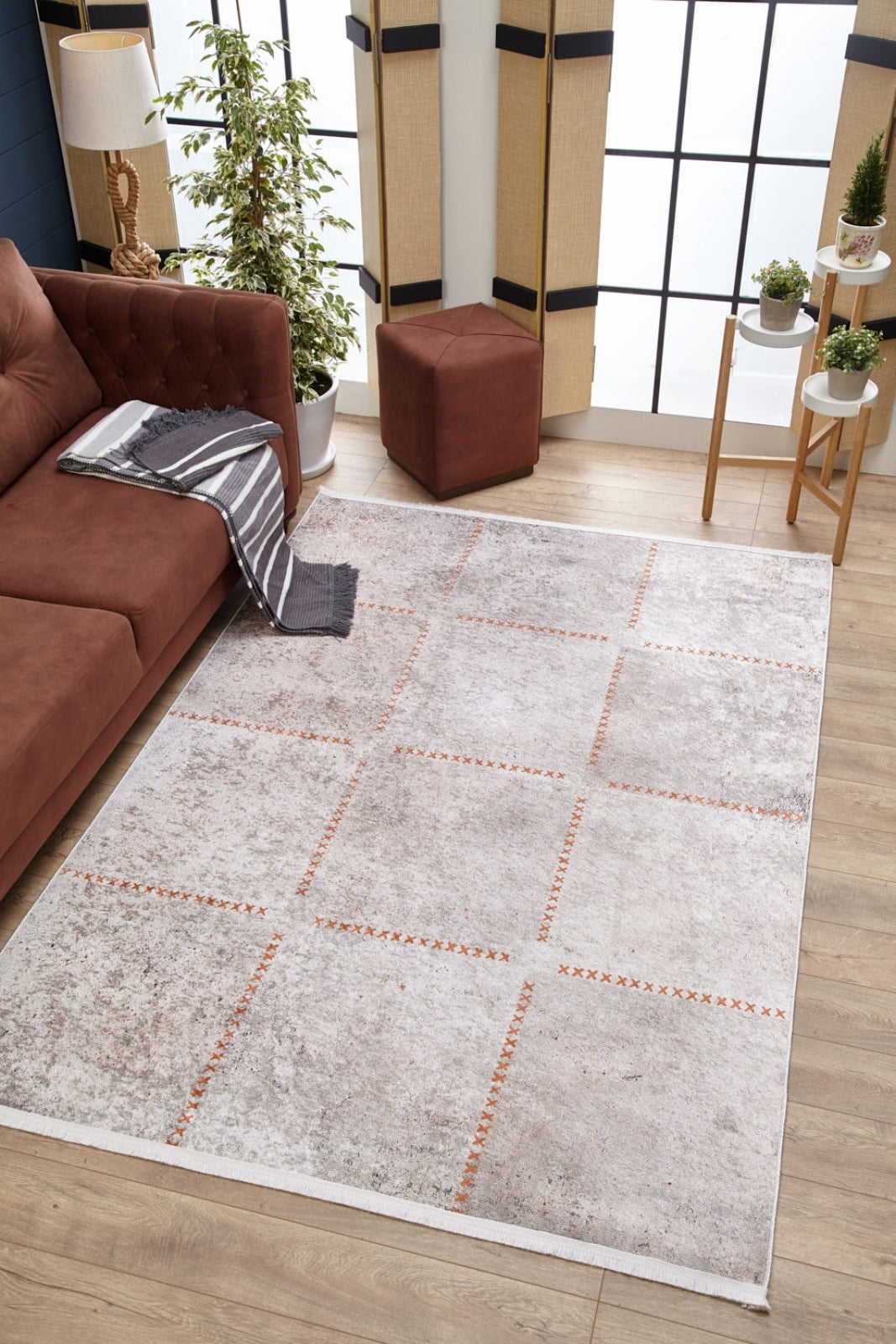 Beige Geometric Area Rug – Digital Print Rug With Non Slip, Antibacterial Design