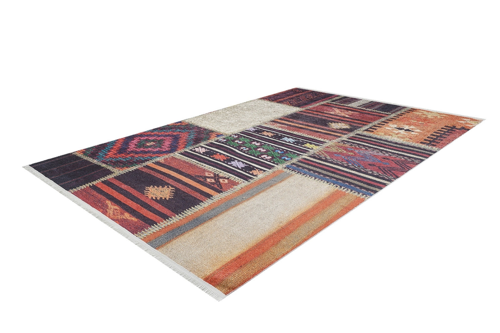 Burgundy Patchwork Rug – Non Slip Area Rug With Antibacterial Digital Print Carpet