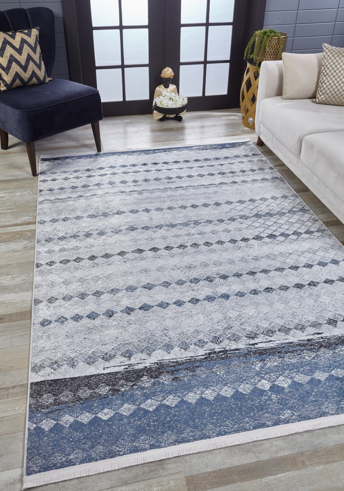 Grey Geometric Area Rug | Washable Area Rug with Antibacterial Carpet, Modern Floor Covering