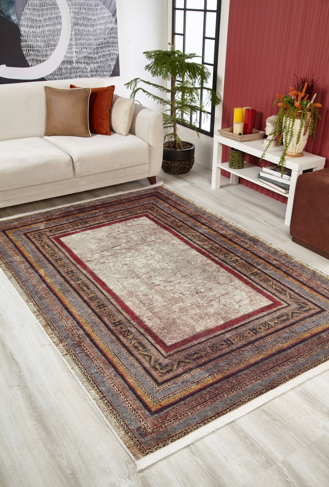 Digital Print Area Rug – Brown Frame Design, Non Slip, Antibacterial Carpet