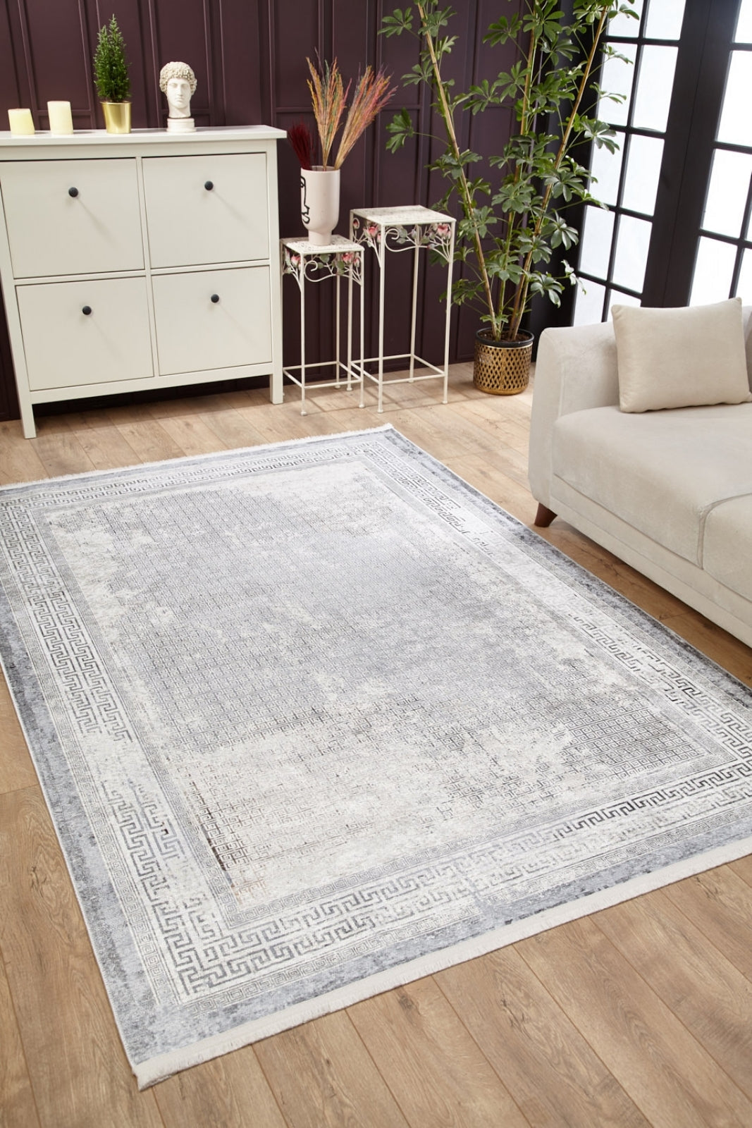Digital Print Area Rug – Grey Frame Rug, Non Slip Carpet for Living Room