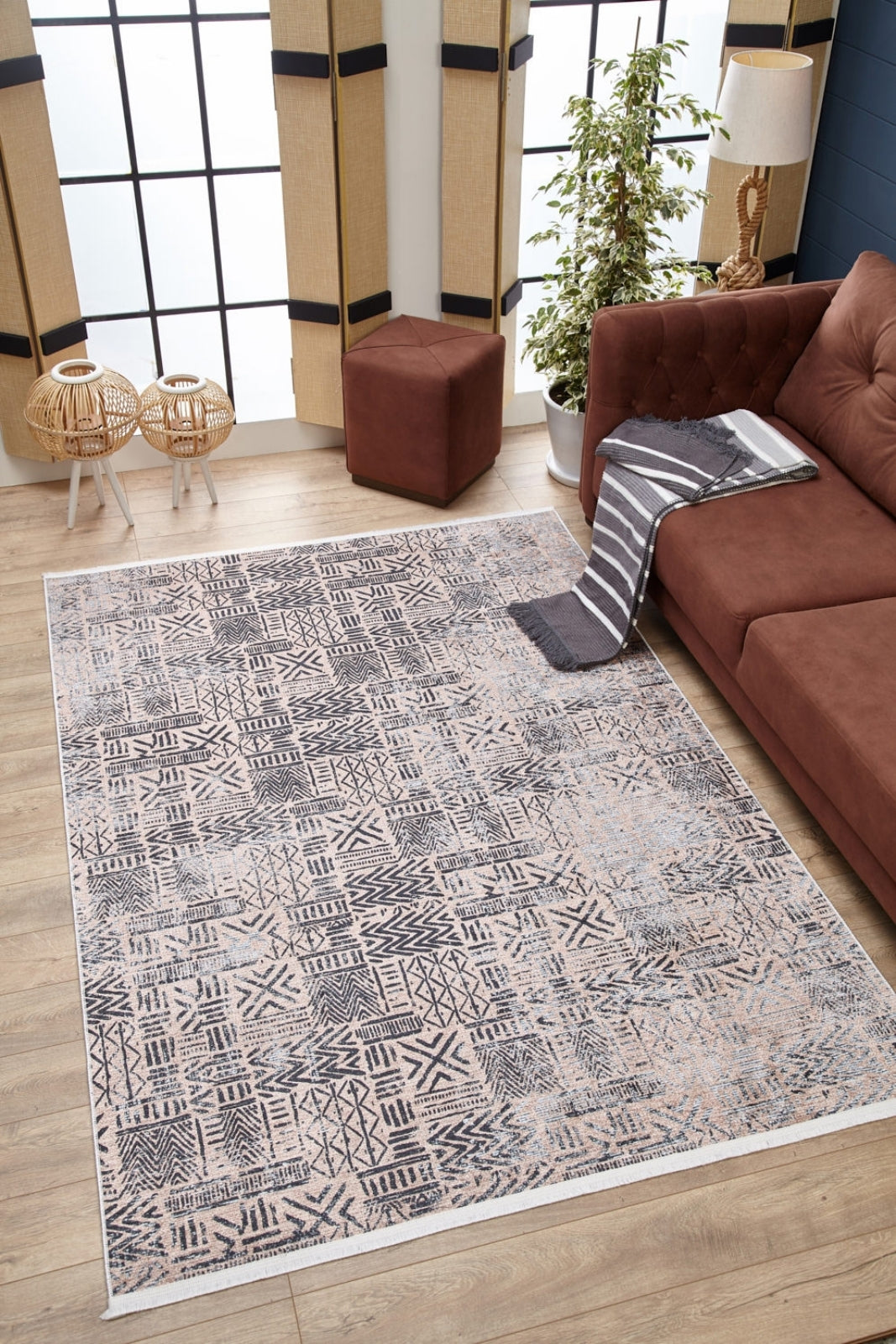 Beige Geometric Area Rug - Digital Print, Non Slip, Washable Carpet for Living Room