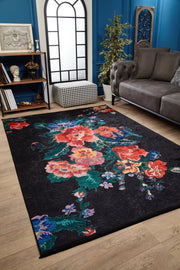 Black Floral Area Rug – Digital Print Rug | Antibacterial, Non Slip, Washable Carpet
