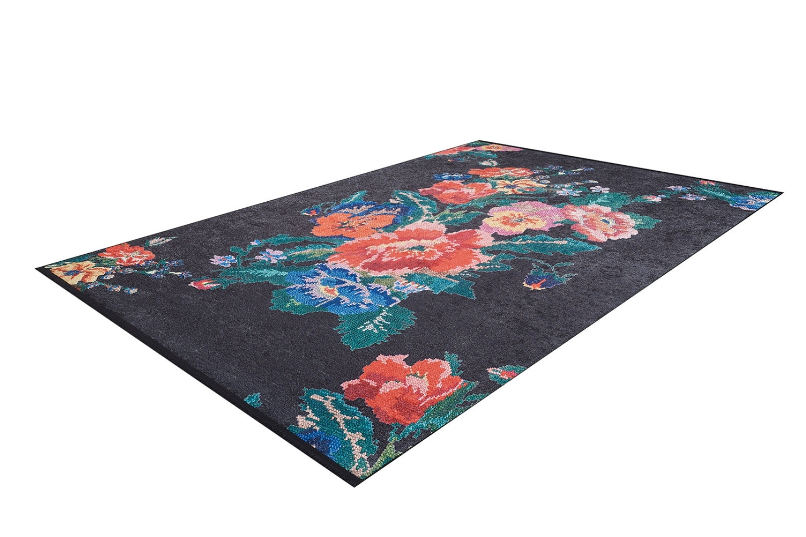 Black Floral Area Rug – Digital Print Rug | Antibacterial, Non Slip, Washable Carpet