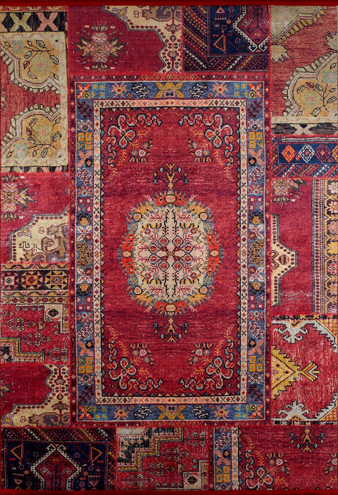 Red Patchwork Area Rug – Digital Print Rug | Antibacterial, Non Slip Carpet