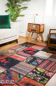 Red Patchwork Area Rug - Digital Print, Non Slip Carpet for Living Room & Kitchen