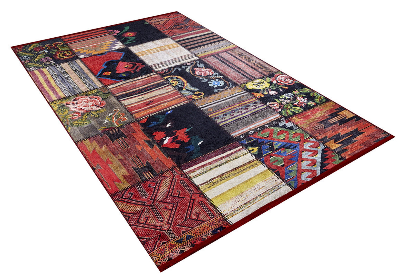 Red Patchwork Area Rug - Digital Print, Non Slip Carpet for Living Room & Kitchen