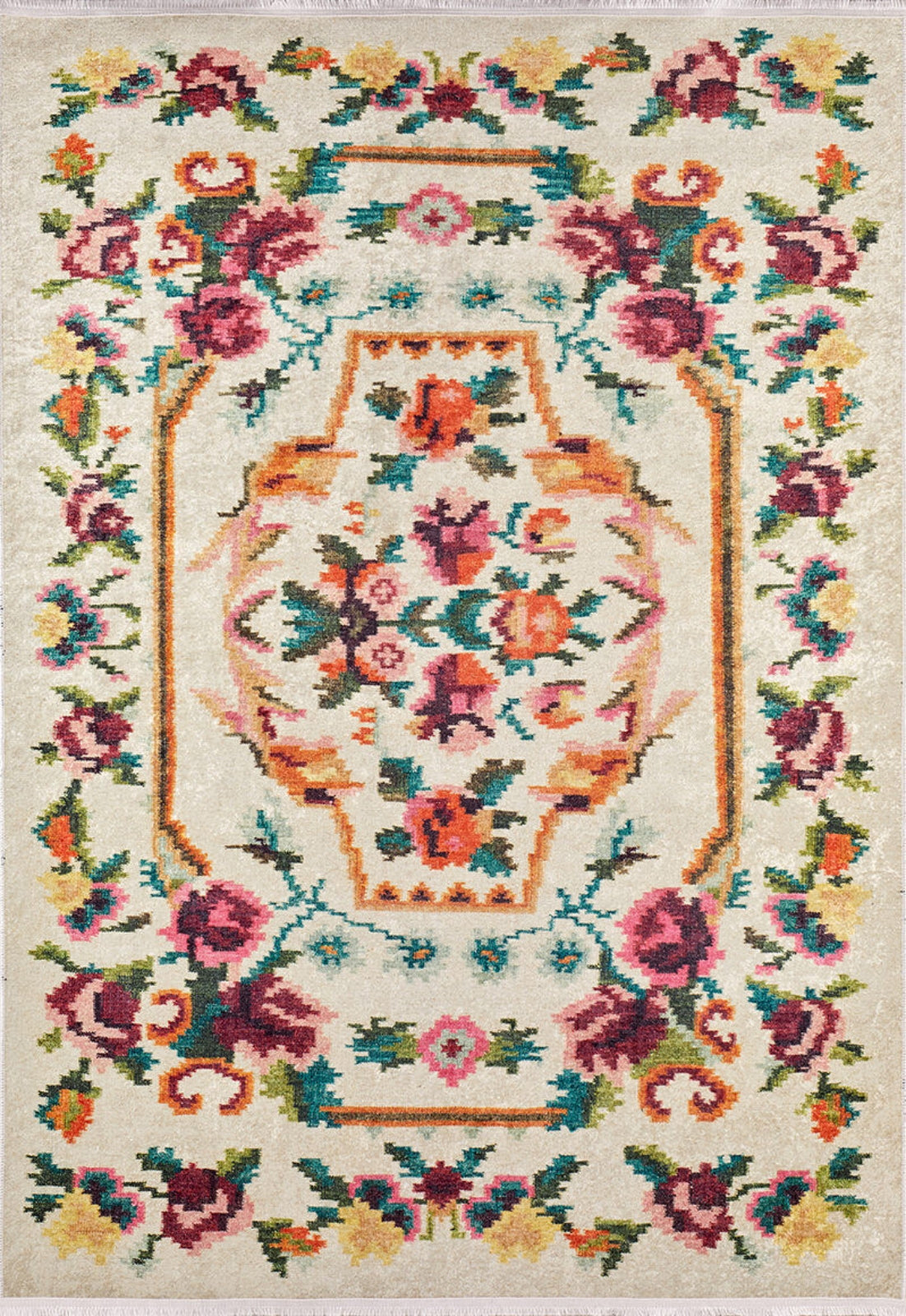 Beige Floral Area Rug – Digital Print Rug With Non Slip Carpet Backing
