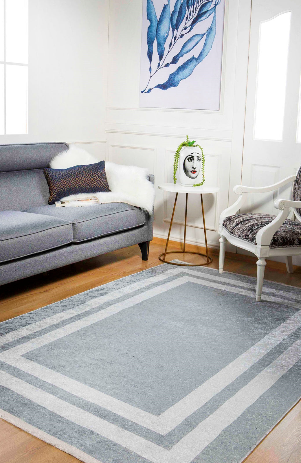 Grey Area Rug - Digital Print Frame Design Non Slip Antibacterial Carpet