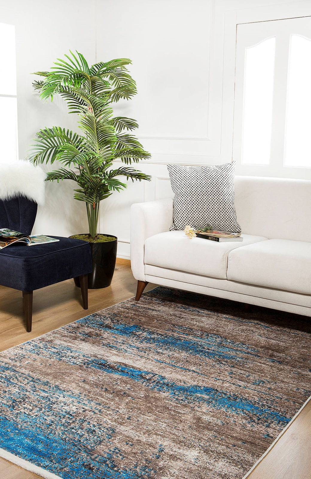 Modern Digital Area Rug – Blue Non Slip Washable Carpet for Living Room
