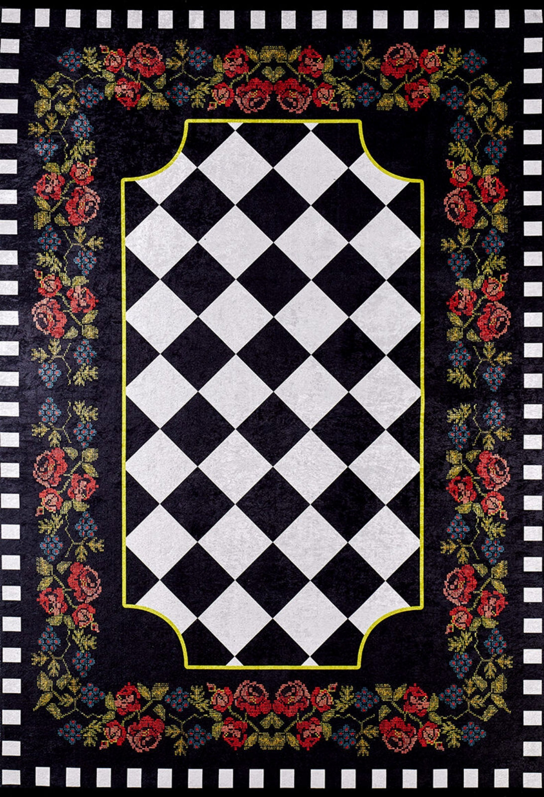 Black Floral Area Rug - Digital Print Rug | Non Slip, Washable, Antibacterial Carpet
