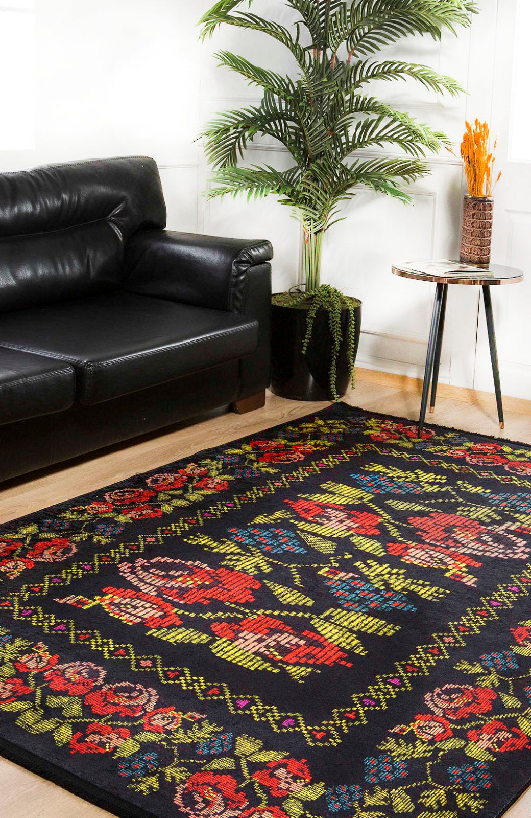 Black Floral Area Rug – Non Slip Digital Print Rug for Living Room Carpet