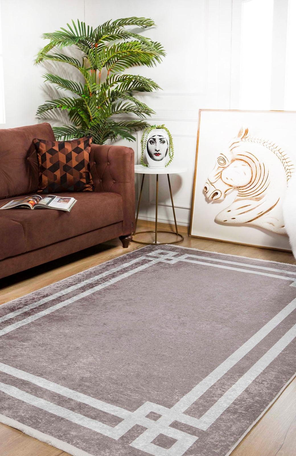 Beige Area Rug – Digital Print Frame Style Non Slip Washable Carpet
