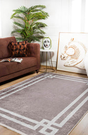 Beige Area Rug – Digital Print Frame Style Non Slip Washable Carpet