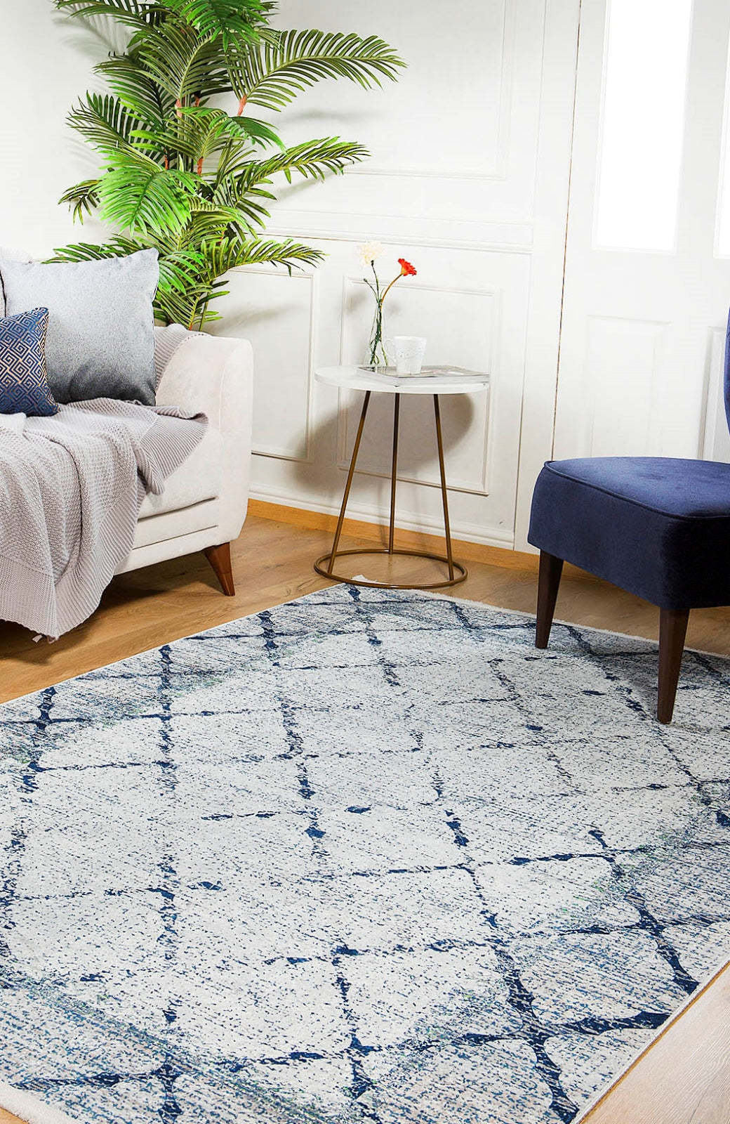 Navy Geometric Area Rug - Digital Print Non Slip Washable Carpet for Living Room