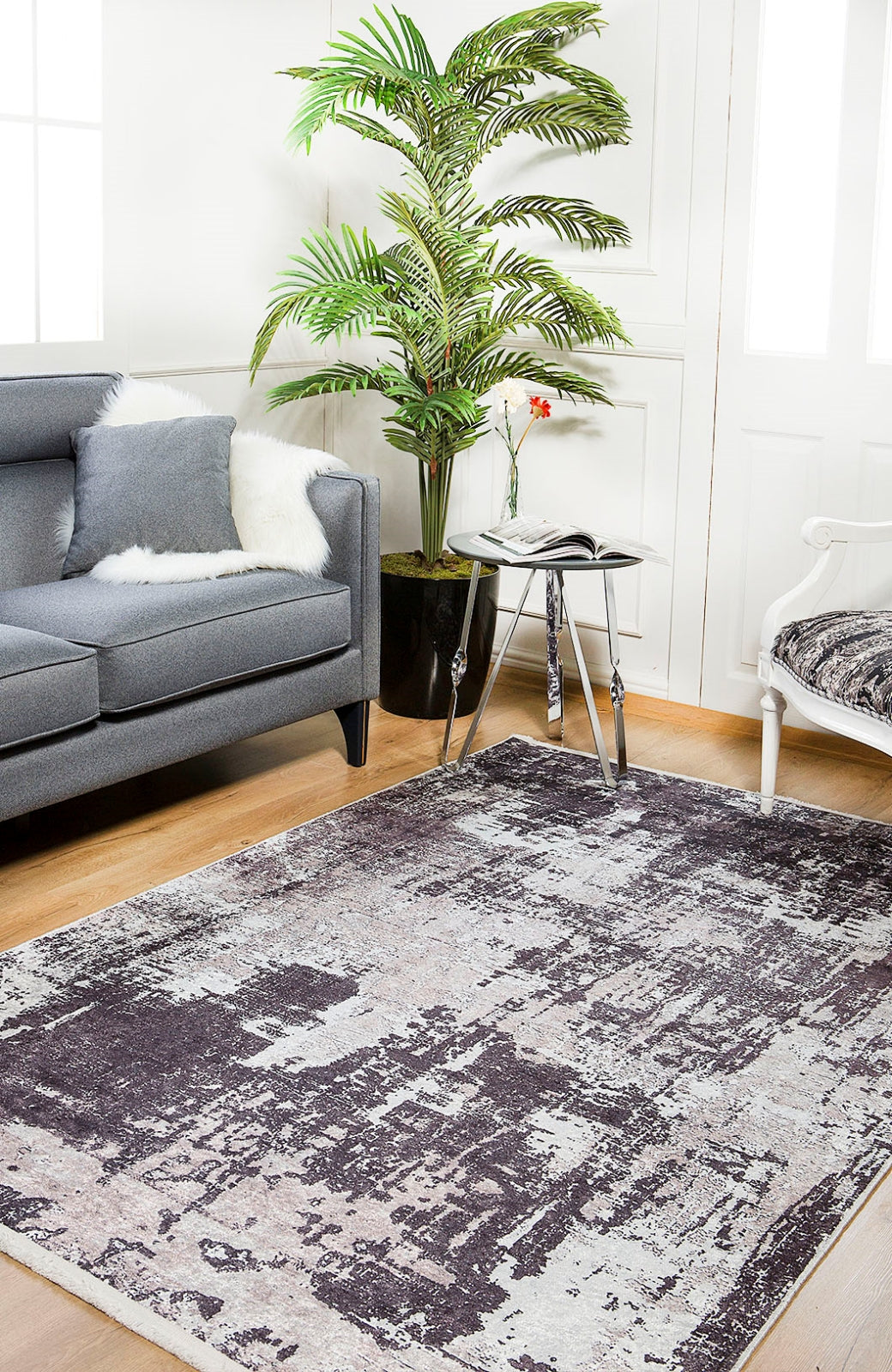 Modern Area Rug – Grey Digital Print Rug | Non Slip Washable Living Room Carpet
