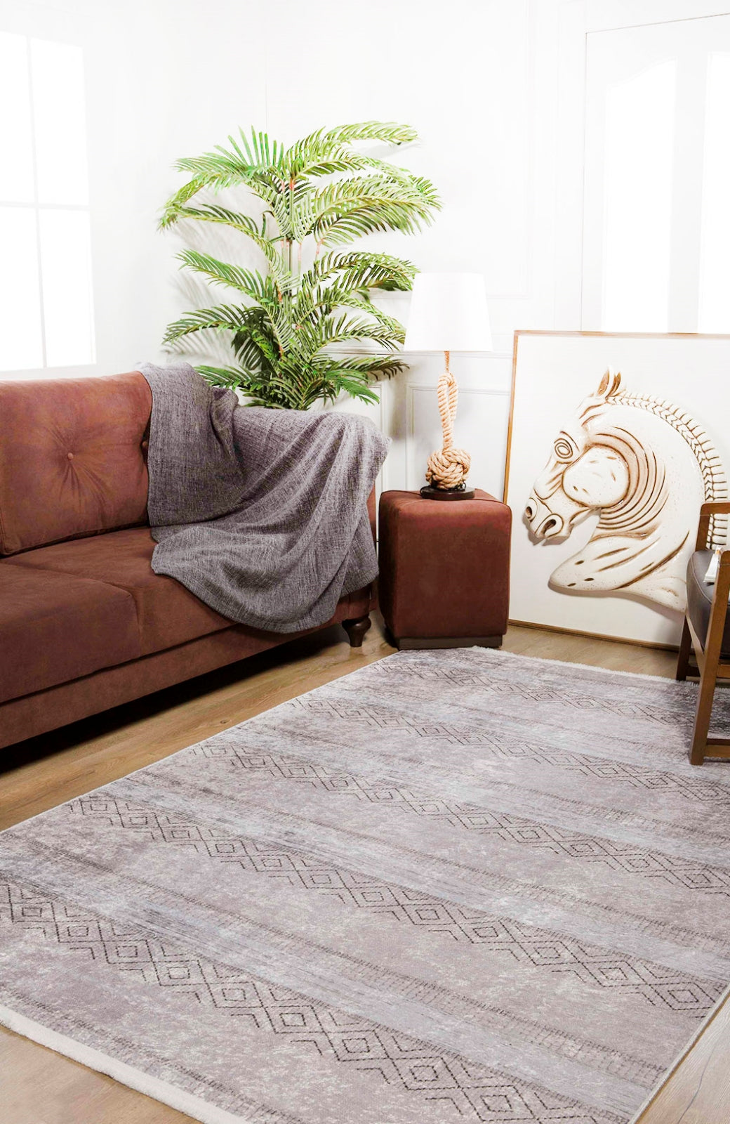 Beige Striped Area Rug - Digital Print Rug, Non Slip Antibacterial Floor Carpet
