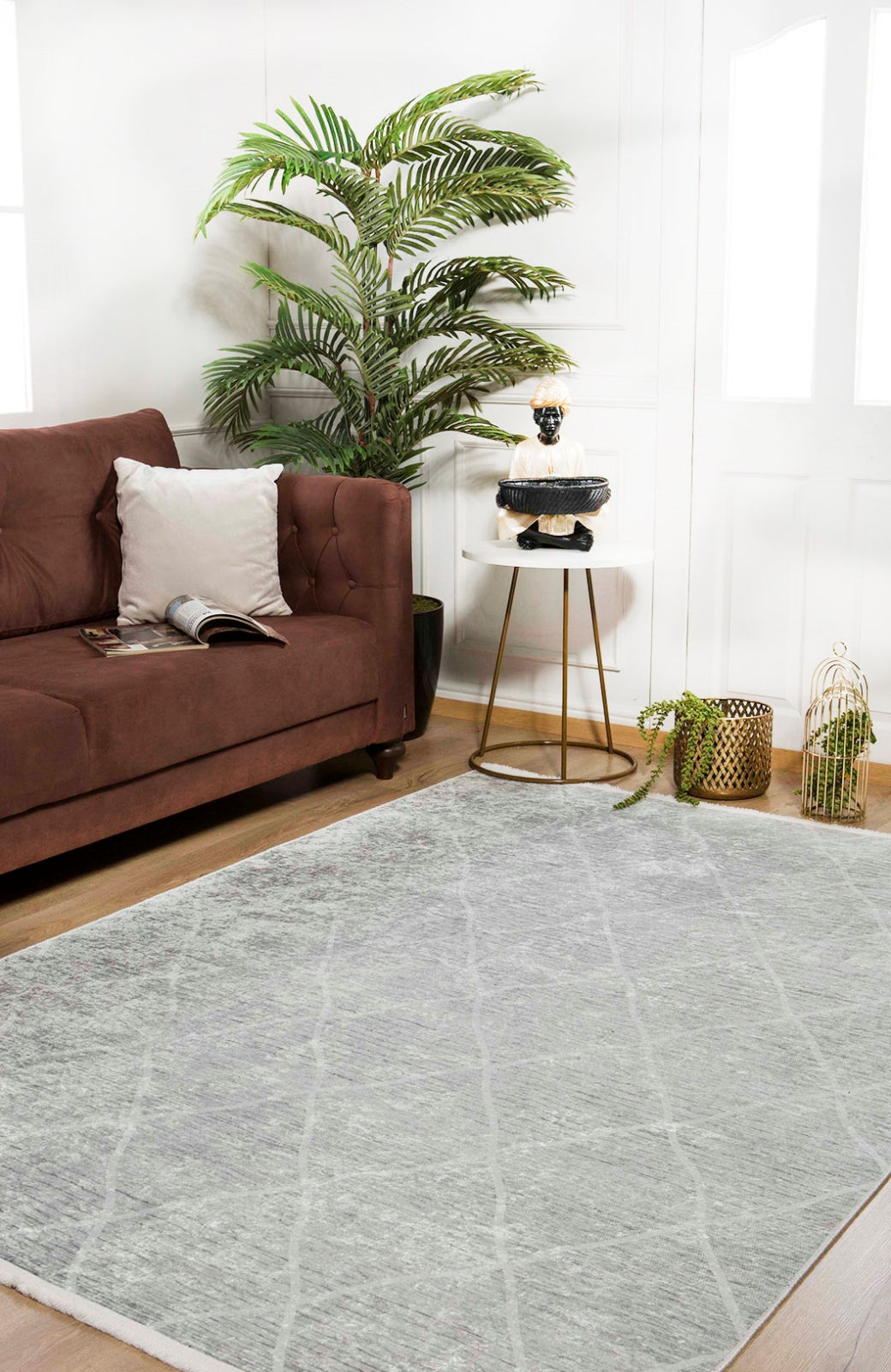 Grey Geometric Area Rug – Digital Print Non Slip Washable Carpet for Living Room