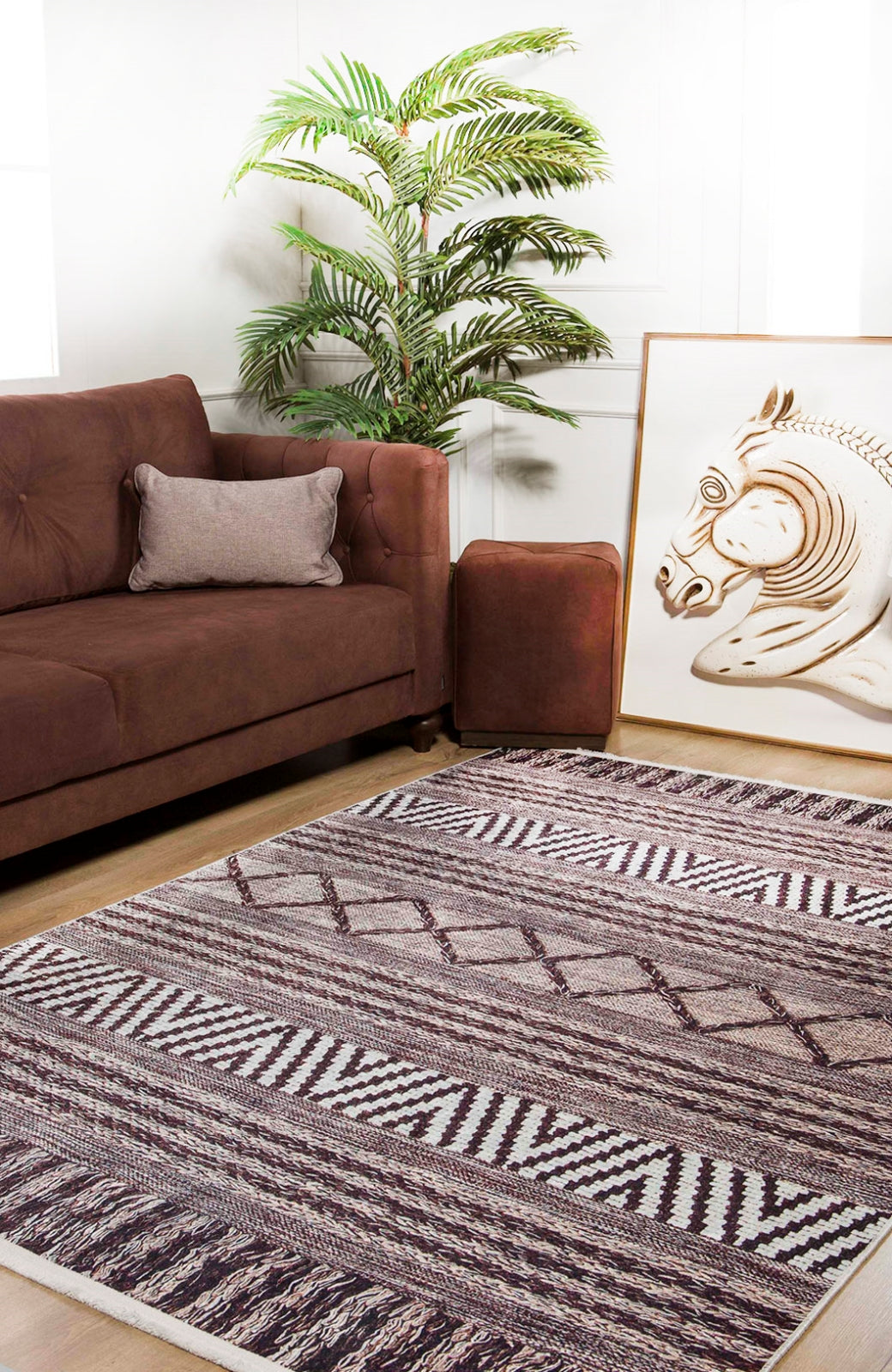 Geometric Area Rug – Brown Digital Print Rug | Non Slip, Antibacterial Carpet