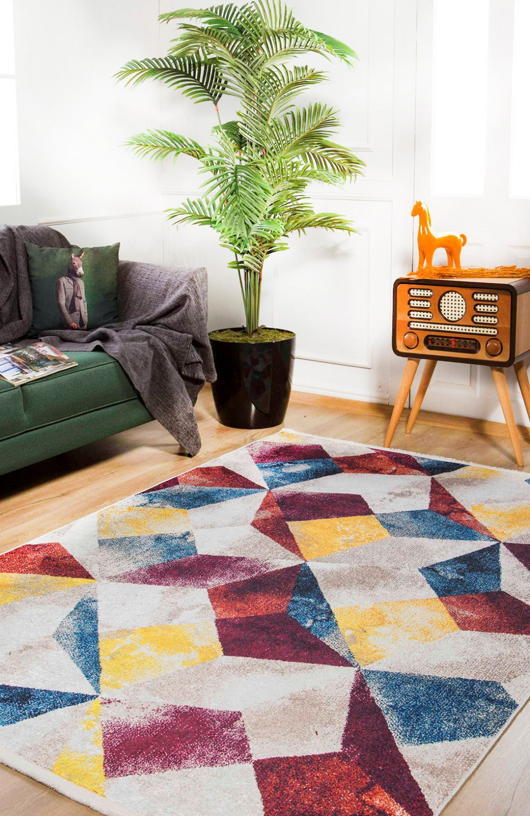 Beige Geometric Area Rug - Durable Digital Print Rug | Non Slip Carpet, Washable