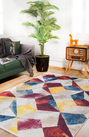 Beige Geometric Area Rug - Durable Digital Print Rug | Non Slip Carpet, Washable