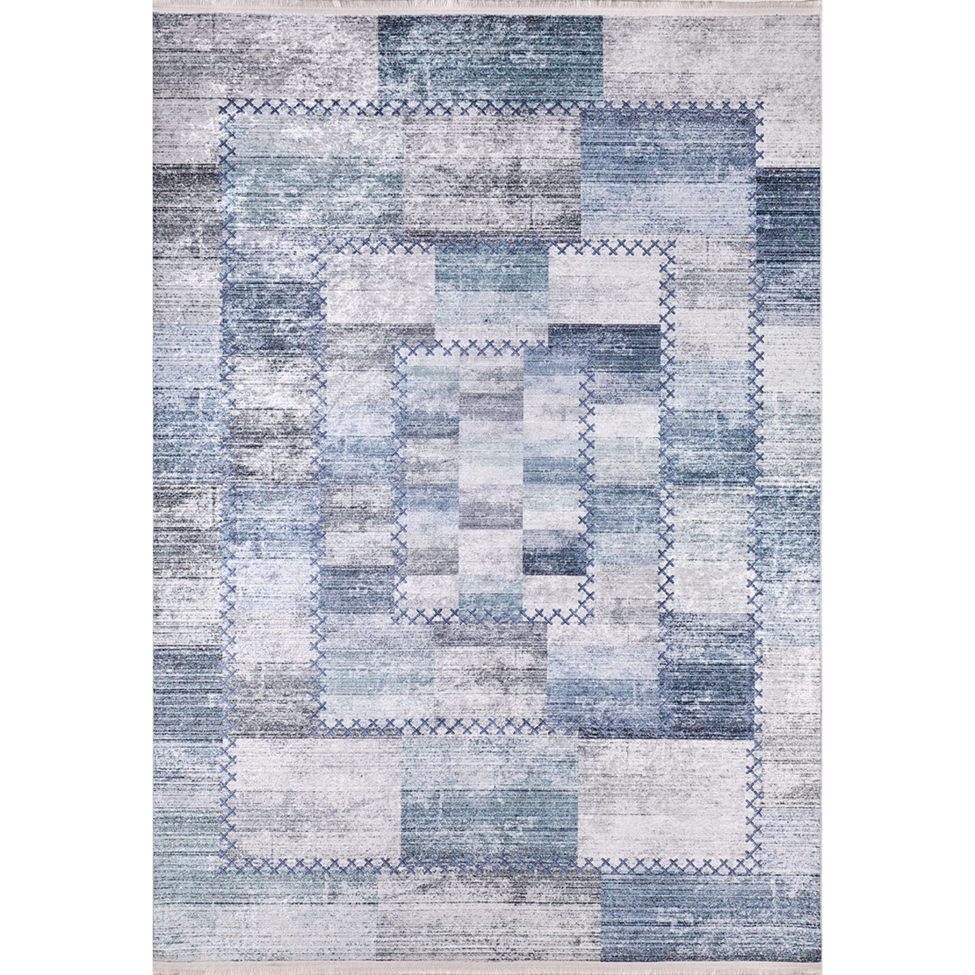 Blue Patchwork Area Rug - Digital Print, Non Slip, Antibacterial Carpet for Living Room