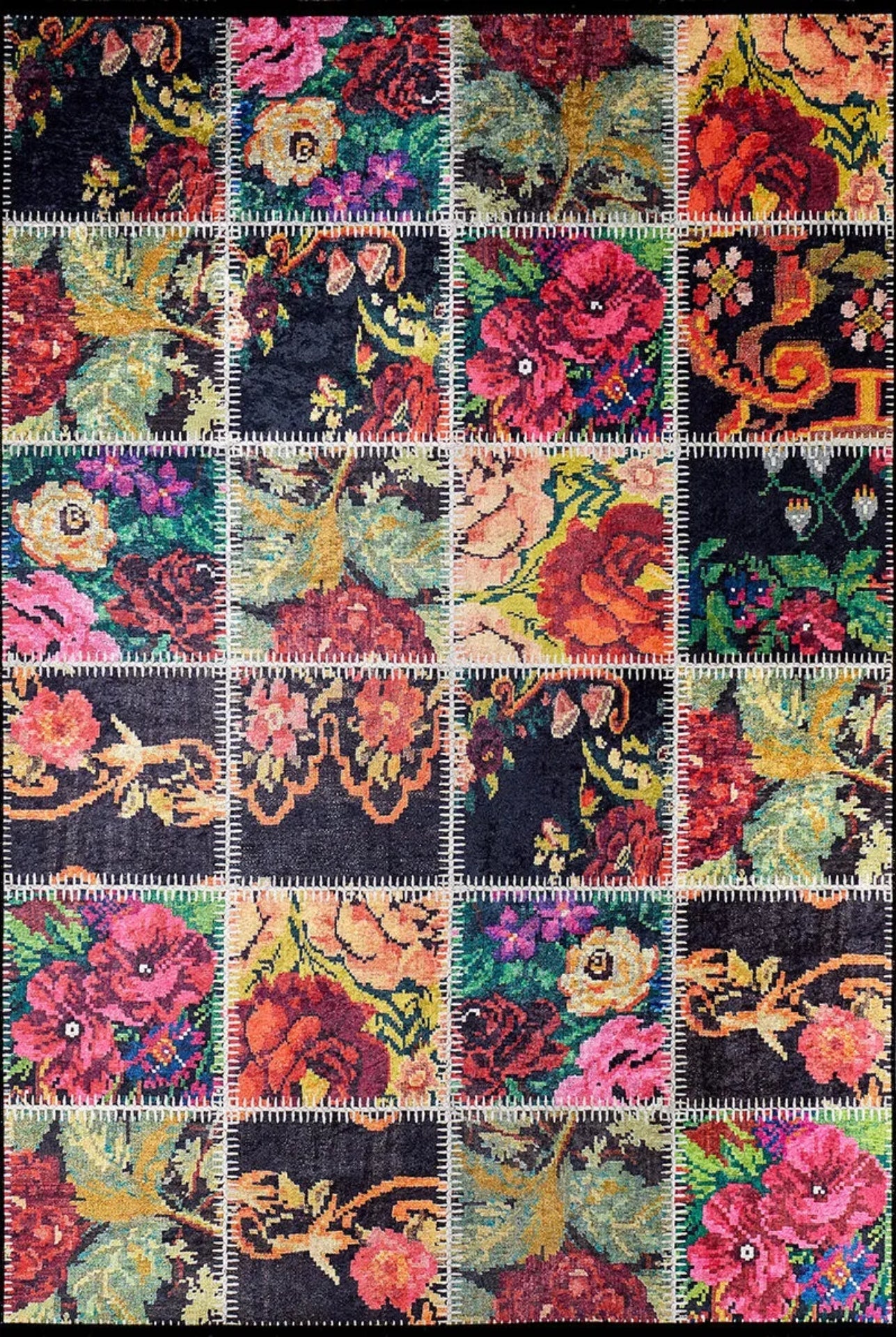 Patchwork Area Rug - Black Digital Print Carpet | Non Slip Washable Floor Mat