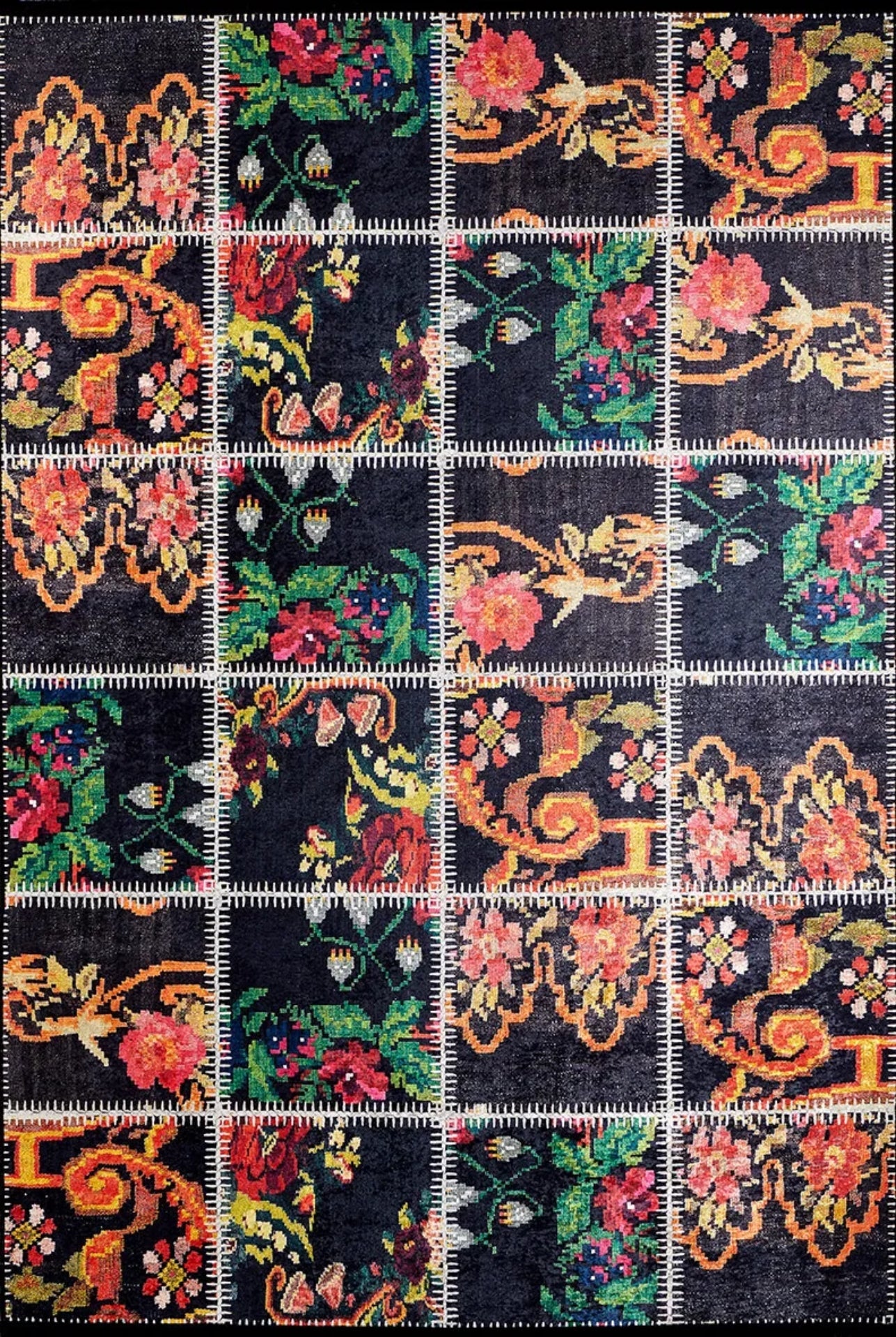 Black Patchwork Area Rug - Digital Print Rug, Non Slip Carpet for Living Room