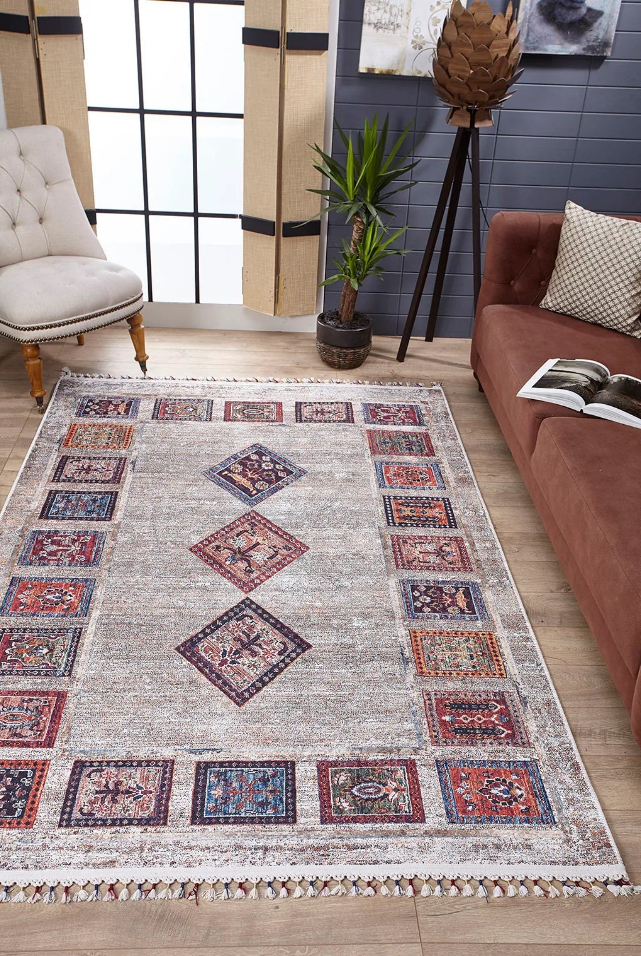 Grey Geometric Area Rug – Digital Print Rug | Non Slip Carpet, Washable & Antibacterial